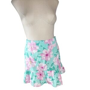 Gianni Bini Pink and Green Tropical Floral Ruffled Mini Skirt Sz M EUC Summer